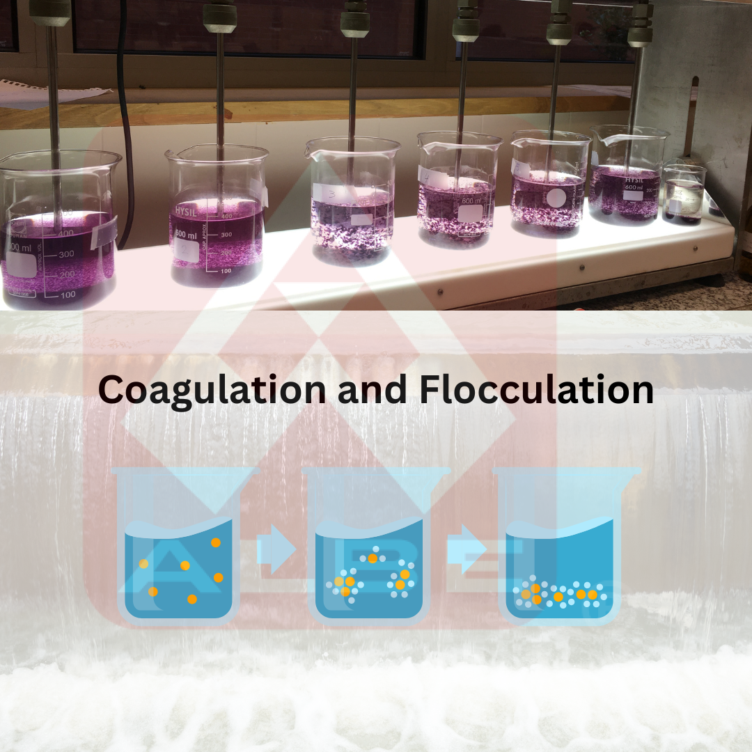 laboratory beakers containing purple solutions undergoing the coagulation and flocculation process